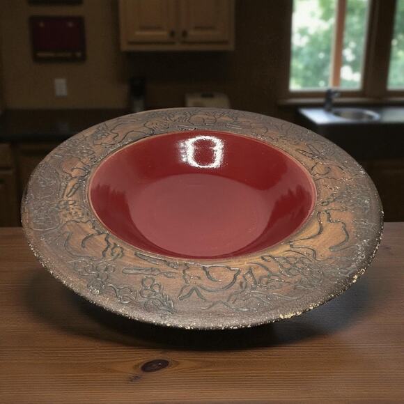 VTG Studio Art Pottery Rabbit Bowl 12” Oxblood Turquoise Hand Painted Signed CS - Picture 1 of 8